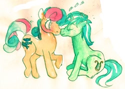 Size: 600x425 | Tagged: safe, artist:muura, bon bon, lyra heartstrings, sweetie drops, earth pony, pony, unicorn, blushing, boop, female, lesbian, lyrabon, mare, noseboop, shipping, traditional art, watercolor painting