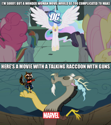 Size: 640x724 | Tagged: safe, discord, princess celestia, alicorn, pony, dc comics, guardians of the galaxy, hilarious in hindsight, image macro, marvel, meme, op is trying to start shit, rocket raccoon, wonder woman