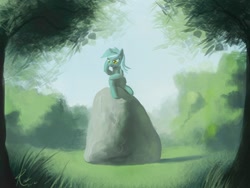 Size: 880x660 | Tagged: dead source, safe, artist:raikoh, lyra heartstrings, pony, unicorn, female, mare, rock, sitting, solo, thinking