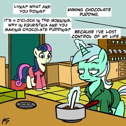 Size: 945x945 | Tagged: safe, artist:megasweet, bon bon, lyra heartstrings, sweetie drops, earth pony, pony, unicorn, bathrobe, chocolate pudding, clothes, cooking, crossover, duo, female, i've lost control of my life, indoors, kitchen, lost control of my life, lyra is not amused, making chocolate pudding, mare, meme, parody, pudding, robe, rugrats, secret