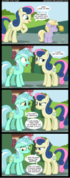 Size: 903x2306 | Tagged: safe, artist:veggie55, bon bon, dinky hooves, lyra heartstrings, sweetie drops, earth pony, pony, unicorn, bon bon is not amused, comic, female, filly, floppy ears, food, lesbian, lyrabon, mare, muffin, shipping