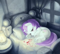 Size: 1100x989 | Tagged: safe, artist:naaaar, bon bon, liza doolots, lyra heartstrings, petunia, sweetie drops, tootsie flute, pony, unicorn, hearts and hooves day (episode), bed, eyes closed, female, filly, heart, heartbreak, hearts and hooves day, lonely, lyrabontoots family, magical lesbian spawn, offspring, on side, parent:bon bon, parent:lyra heartstrings, parents:lyrabon, sad, solo, trio, underhoof