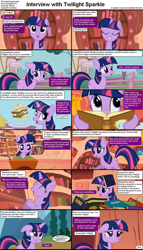 Size: 1282x2234 | Tagged: safe, derpibooru import, edit, edited screencap, screencap, twilight sparkle, pony, unicorn, comic:celestia's servant interview, book, caption, comic, female, food, golden oaks library, interview, mare, sandwich, solo