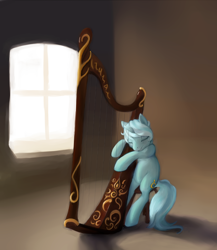 Size: 1188x1370 | Tagged: safe, artist:bistromatic, artist:noel, lyra heartstrings, pony, unicorn, eyes closed, female, harp, mare, musical instrument, sitting, solo, window