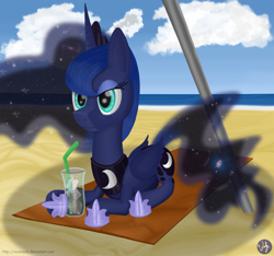 Size: 4000x3750 | Tagged: safe, artist:misterjuly, princess luna, alicorn, pony, beach, drink, solo