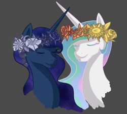 Size: 1000x900 | Tagged: safe, artist:kapteeni-teepannu, artist:sewingintherain, princess celestia, princess luna, alicorn, pony, bust, eyes closed, floral head wreath, simple background, wreath