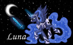 Size: 1258x784 | Tagged: safe, artist:justalittleshadow, princess luna, alicorn, pony, armor, moon, solo, sword, warrior luna