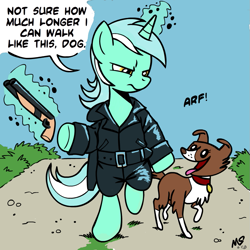 Size: 945x945 | Tagged: safe, artist:megasweet, lyra heartstrings, winona, pony, unicorn, bipedal, clothes, crossover, duo, female, gun, human behavior, mad max, mare, pet, shotgun, the road warrior, walking, weapon