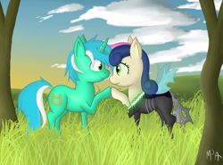 Size: 2448x1809 | Tagged: dead source, safe, artist:mostlyponyart, bon bon, lyra heartstrings, sweetie drops, changeling, pony, unicorn, bon bon is best changeling, eye contact, female, grass, lesbian, looking at each other, lyrabon, mare, shipping, smiling