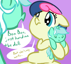 Size: 1100x1000 | Tagged: safe, artist:tess, bon bon, lyra heartstrings, sweetie drops, earth pony, pony, unicorn, adorabon, cute, dilated pupils, doll, female, floppy ears, lesbian, lyra plushie, lyrabon, mare, plushie, shipping, waifu