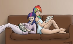 Size: 1108x670 | Tagged: safe, artist:gonzahermeg, derpibooru import, rainbow dash, twilight sparkle, human, back to back, book, ear piercing, earring, female, humanized, jewelry, lesbian, piercing, reading, shipping, sofa, twidash