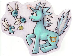 Size: 650x504 | Tagged: safe, artist:triage, lyra heartstrings, parasprite, pony, unicorn, female, horn, mare, traditional art