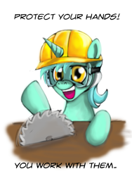 Size: 900x1200 | Tagged: safe, artist:gunslingerpen, lyra heartstrings, circular saw, hat, safety goggles, solo