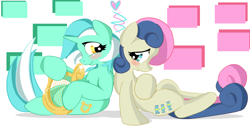 Size: 6261x3229 | Tagged: safe, artist:amazin-a, bon bon, lyra heartstrings, sweetie drops, female, lesbian, lyrabon, lyre, shipping