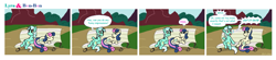 Size: 1681x369 | Tagged: safe, artist:botchan-mlp, bon bon, lyra heartstrings, sweetie drops, earth pony, pony, unicorn, bench, comic, duo, lyra is not amused, sitting, sitting lyra