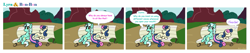 Size: 1677x357 | Tagged: safe, artist:botchan-mlp, bon bon, lyra heartstrings, sweetie drops, earth pony, pony, unicorn, bench, comic, duo, mare of a thousand voices, sitting, sitting lyra, touché, voice