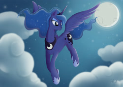 Size: 3508x2480 | Tagged: safe, princess luna, alicorn, pony, cloud, cloudy, flying, moon, night, pixiv, solo