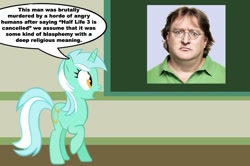 Size: 889x590 | Tagged: safe, lyra heartstrings, chalkboard, gabe newell, half life 3, human studies101 with lyra, meme, photo