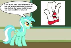 Size: 867x588 | Tagged: safe, artist:ponyflea, lyra heartstrings, pony, chalkboard, gloves, hamburger helper, hand, hand fetish, helping hand, human studies101 with lyra, meme, that pony sure does love hands