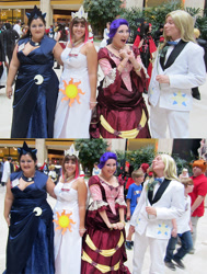 Size: 875x1159 | Tagged: safe, artist:guardian-of-moon, artist:kalasnacks, artist:rose0fmay, nightmare moon, prince blueblood, princess celestia, rarity, human, 2014, anime weekend atlanta, awa 2014, clothes, convention, cosplay, irl, irl human, photo, suit