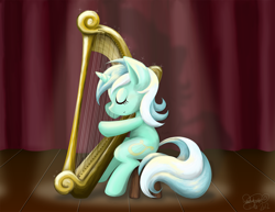 Size: 1646x1271 | Tagged: safe, artist:midori-no-ink, lyra heartstrings, pony, unicorn, eyes closed, harp, musical instrument, sitting, smiling, solo, stage, stool