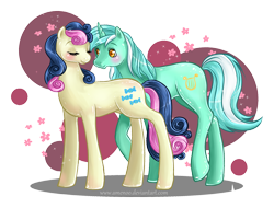 Size: 1500x1140 | Tagged: safe, artist:amenoo, bon bon, lyra heartstrings, sweetie drops, earth pony, pony, unicorn, blushing, eyes closed, female, flower, lesbian, lyrabon, shiny, shipping