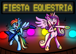 Size: 1292x926 | Tagged: safe, artist:serenamidori, princess cadance, rainbow dash, alicorn, pegasus, pony, fiesta equestria, flying v, guitar, microphone, singing, stage