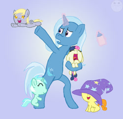 Size: 900x871 | Tagged: safe, artist:vondare, bon bon, carrot top, derpy hooves, golden harvest, lyra heartstrings, sweetie drops, trixie, earth pony, pegasus, pony, unicorn, accessory theft, age regression, baby, baby bottle, baby pony, babysitting, bipedal, blank flank, bon bon is not amused, clothes, crying, female, filly, flying, foal, gradient background, hat, magic, smiling, telekinesis, trixie's hat, unamused