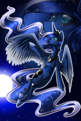 Size: 1280x1920 | Tagged: safe, artist:skyrore1999, princess luna, alicorn, pony, robot, flying, looking up, lunabotic, moon, night, solo