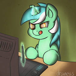 Size: 1000x1000 | Tagged: safe, artist:draneas, lyra heartstrings, pony, unicorn, computer, dark, drawing, magic, smiling, solo, stylus, tablet, telekinesis, tongue out, wacom intuos 5