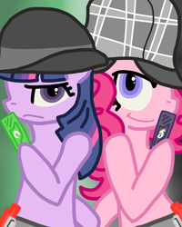 Size: 1024x1280 | Tagged: artist needed, safe, derpibooru import, pinkie pie, twilight sparkle, earth pony, pony, unicorn, bipedal, bowler hat, deerstalker, duo, duo female, female, hat, kamen rider, kamen rider w, mare