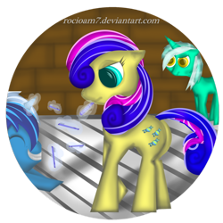 Size: 894x894 | Tagged: safe, artist:rocioam7, bon bon, lyra heartstrings, minuette, sweetie drops, earth pony, pony, unicorn, bon bon is not amused, grin, lyra is not amused, magic, smiling, telekinesis, toothbrush, trio, unamused