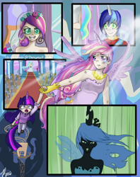 Size: 800x1011 | Tagged: safe, artist:neko-onigiri, princess cadance, queen chrysalis, shining armor, twilight sparkle, changeling, human, comic, disguise, disguised changeling, fake cadance, humanized, scene interpretation, this day aria