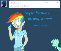 Size: 650x540 | Tagged: safe, artist:frostedwarlock, derpibooru import, lyra heartstrings, rainbow dash, human, ask, humanized, rainbow dash replies, tumblr