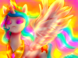 Size: 640x480 | Tagged: safe, artist:melodybell, princess celestia, alicorn, pony, eyes closed, glow, smiling, solo, sunset
