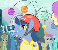 Size: 767x657 | Tagged: safe, screencap, candy mane, carrot top, golden harvest, lyra heartstrings, pokey pierce, rainbowshine, pony, simple ways, astro pony, background pony, cropped, male, neptunio, planetary bob, stallion, telescope