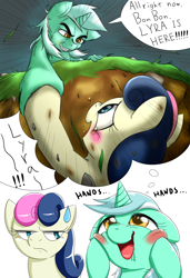 Size: 1000x1463 | Tagged: safe, artist:ushiro no kukan, bon bon, lyra heartstrings, sweetie drops, blushing, bon bon is not amused, cliff, drool, hand, lyra's thought meme, meme, rescue, thought bubble