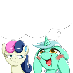 Size: 1000x1000 | Tagged: safe, artist:ushiro no kukan, bon bon, lyra heartstrings, sweetie drops, bon bon is not amused, drool, exploitable, floppy ears, frown, lyra's thought meme, meme, open mouth, smiling, squishy cheeks, sweatdrop, template, thought bubble, unamused