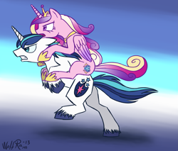 Size: 1887x1611 | Tagged: safe, artist:wolframclaws, princess cadance, shining armor, alicorn, pony, unicorn, ponies riding ponies, riding