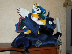 Size: 1000x750 | Tagged: safe, artist:essorille, princess celestia, princess luna, irl, photo, plushie, ponies riding ponies