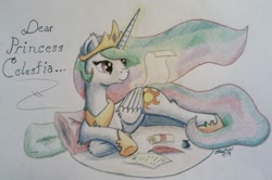 Size: 2462x1632 | Tagged: safe, artist:niegelvonwolf, princess celestia, alicorn, pony, magic, scroll, solo, traditional art