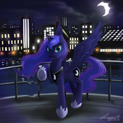 Size: 2480x2480 | Tagged: safe, artist:seer45, princess luna, alicorn, pony, city, cityscape, crescent moon, dream, dream walker luna, female, looking at you, mare, moon, night, raised hoof, smiling, solo, spread wings, water, wings