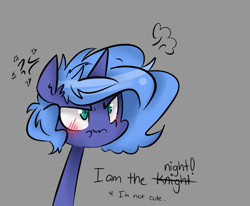 Size: 806x663 | Tagged: safe, artist:jankrys00, princess luna, alicorn, pony, :t, angry, blatant lies, blushing, cute, dialogue, filly, frown, glare, i am the night, i'm not cute, lunabetes, lunadoodle, messy mane, misspelling, scrunchy face, simple background, solo, telling lies, wavy mouth, woona