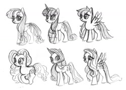 Size: 1280x911 | Tagged: safe, artist:needsmoarg4, derpibooru import, applejack, fluttershy, pinkie pie, rainbow dash, rarity, twilight sparkle, earth pony, pegasus, pony, unicorn, female, mane six, mare, monochrome, sketch, smiling