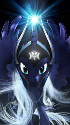 Size: 2158x3840 | Tagged: safe, artist:aeridiccore, princess luna, alicorn, pony, 3d, cloak, clothes, crossover, dota 2, helmet, looking at you, luna the moon rider, magic, solo, source filmmaker, stars, warrior luna