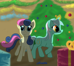 Size: 1000x888 | Tagged: safe, artist:anna-krylova, bon bon, lyra heartstrings, sweetie drops, christmas, cute, duo, hearth's warming eve, magic, present, raised hoof