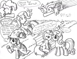 Size: 1744x1341 | Tagged: safe, artist:quarium, derpibooru import, bon bon, derpy hooves, lyra heartstrings, pinkie pie, rainbow dash, sweetie drops, trixie, earth pony, pegasus, pony, bench, female, flying, heart, lesbian, lyrabon, mare, monochrome, muffin, shipping, sitting