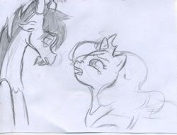 Size: 1604x1225 | Tagged: safe, artist:franny-draws-shit, discord, princess celestia, alicorn, pony, sketch, traditional art