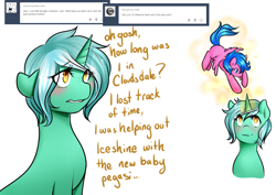 Size: 1280x904 | Tagged: safe, artist:azure-doodle, lyra heartstrings, oc, pegasus, pony, unicorn, dialogue, glowing horn, magic, sexually confused lyra, simple background, telekinesis, white background