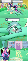 Size: 1280x2705 | Tagged: safe, artist:azure-doodle, bon bon, lyra heartstrings, sweetie drops, earth pony, pony, unicorn, blushing, bow, comic, dialogue, ponyville, sexually confused lyra, tail bow